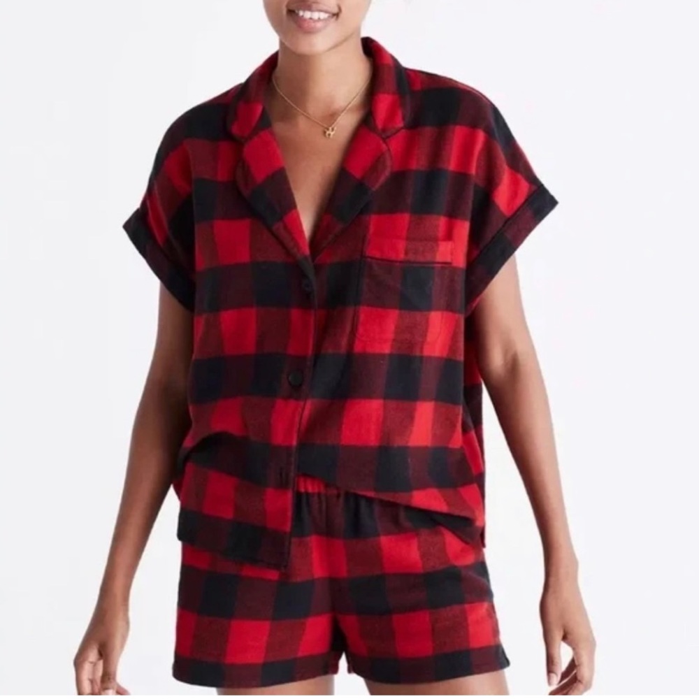 Madewell Christmas Plaid Checkered Red Short Sleeve Top and Shorts XS Pajamas